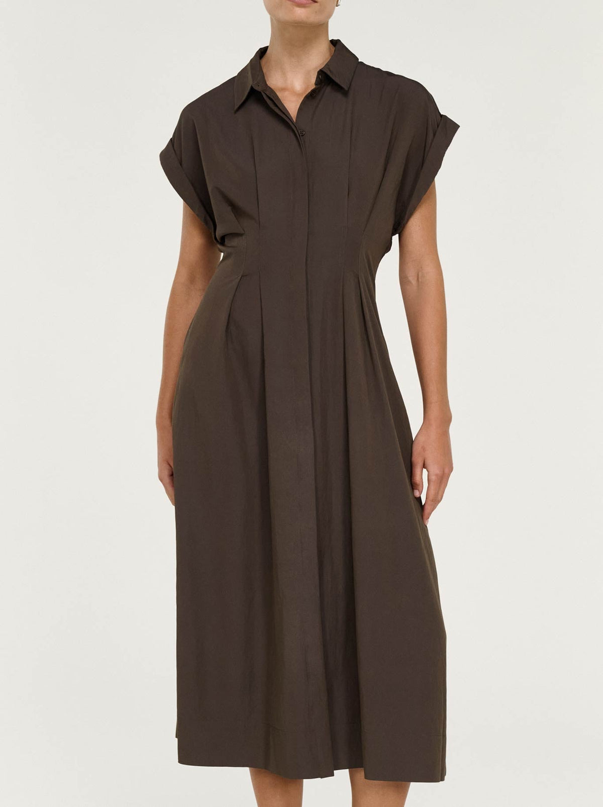 Image of a model wearing Tops. Product name - Staple The Label Lucienne Midi Shirt Dress in Dark Olive colour by brand - Staple