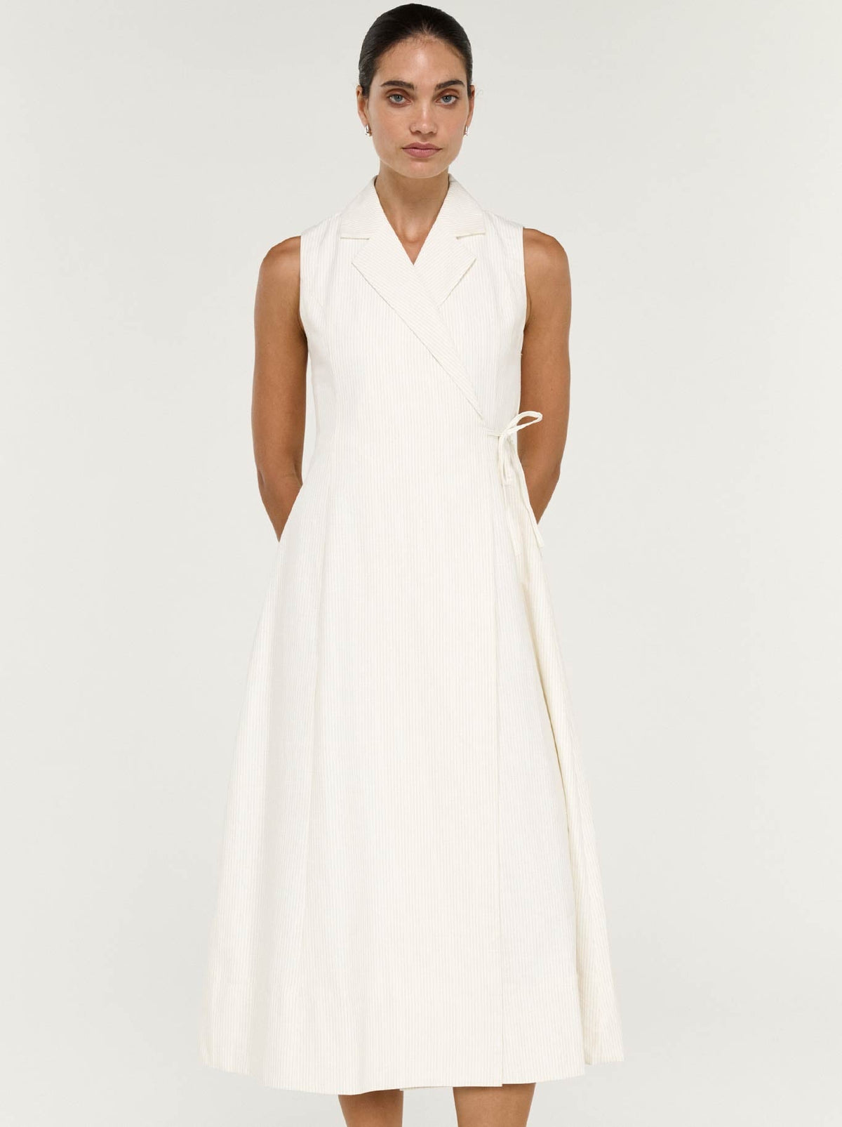 Image of Dresses. Product name - Staple The Label Savina Wrap Midi Dress in Ivory Stripe colour by brand - Staple