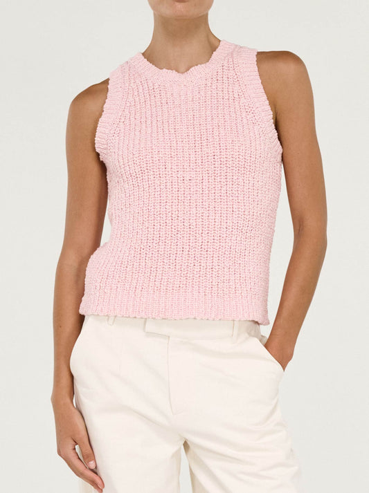 Image of a model wearing Outerwear. Product name - STAPLE THE LABEL COVE KNIT TANK in Rose/Pink colour by brand - Staple