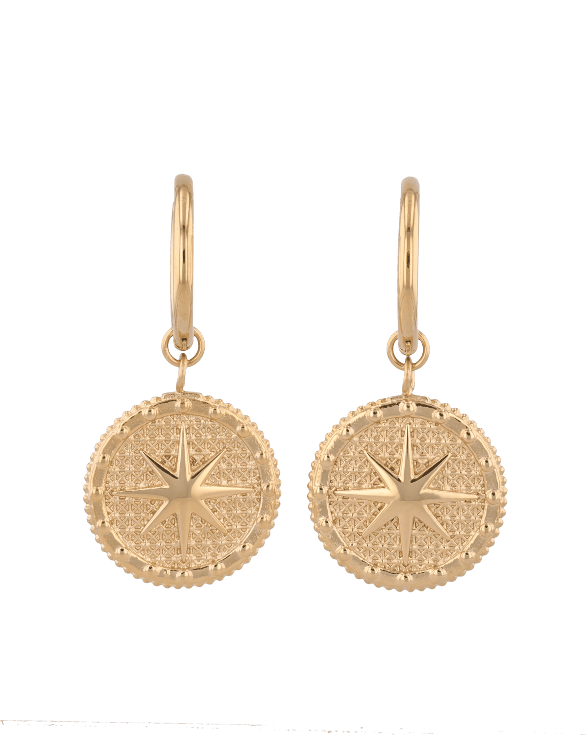 Image of Earrings. Product name - Starburst Charm Gold Hoop Earrings in colour by brand - LAVANA
