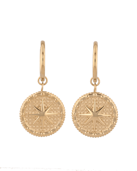 Image of Earrings. Product name - Starburst Charm Gold Hoop Earrings in colour by brand - LAVANA