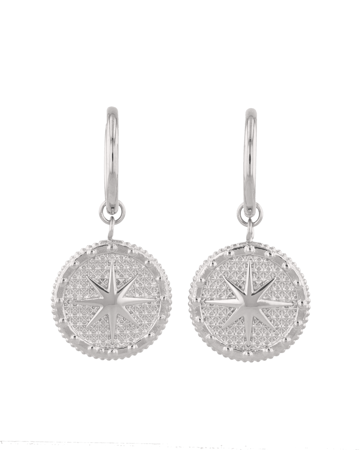 Image of Earrings. Product name - Starburst Charm Silver Hoop Earrings in colour by brand - LAVANA