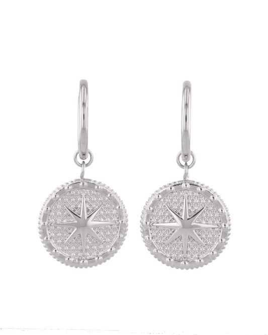 Image of Earrings. Product name - Starburst Charm Silver Hoop Earrings in colour by brand - LAVANA
