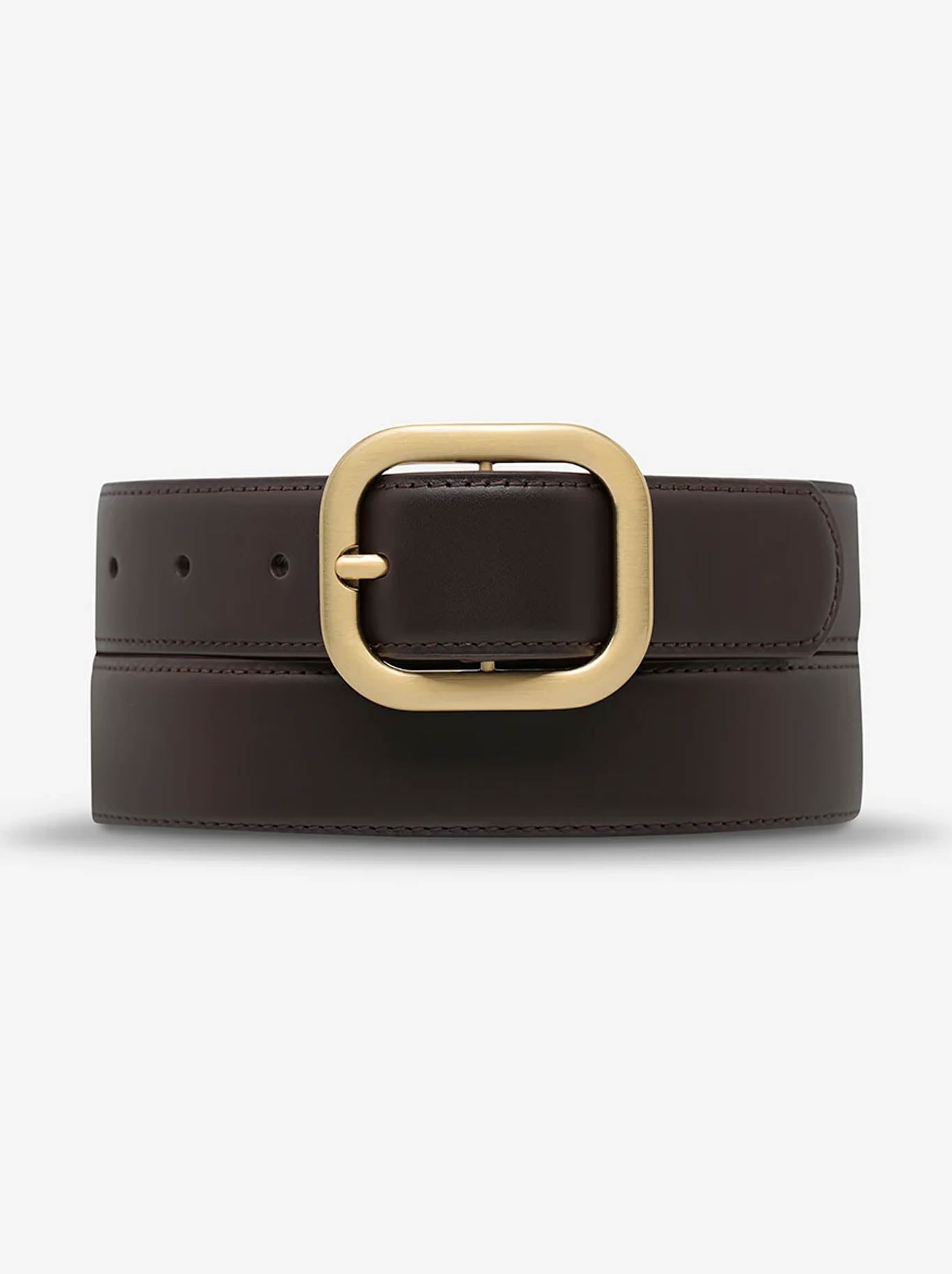 Image of Belts. Product name - Status Anxiety Falling Quiet Belt in Choc Gold colour by brand - Status Anxiety