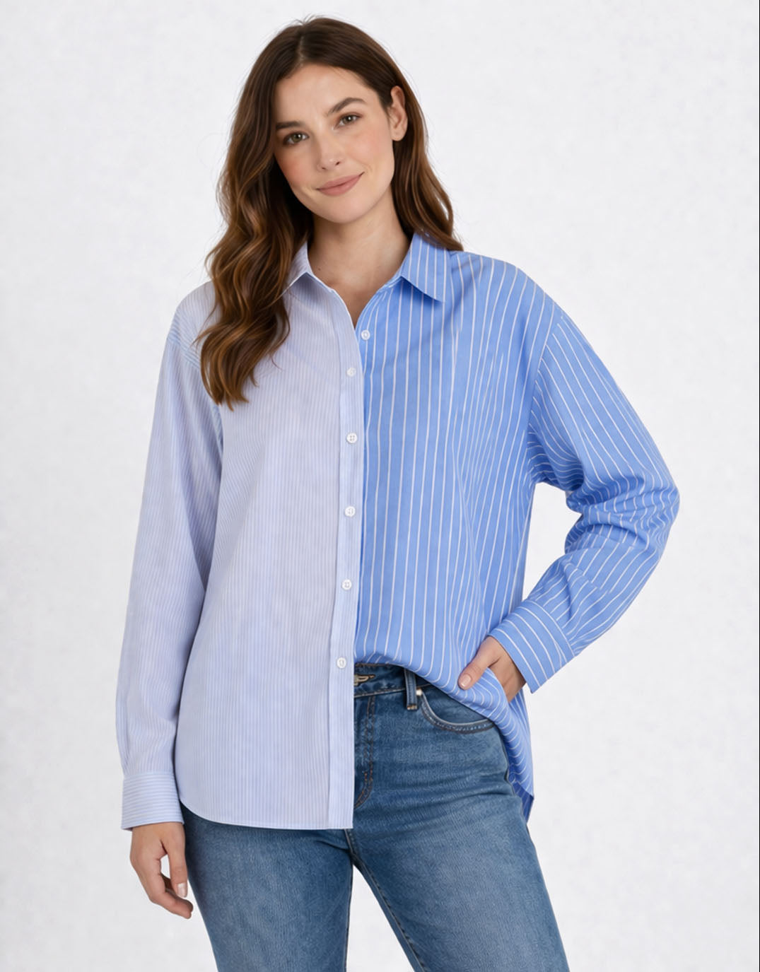 Image of Shirts. Product name - Stevie Shirt Blue Stripe Contrast in Blue Stripe Contrast colour by brand - Betty Basics