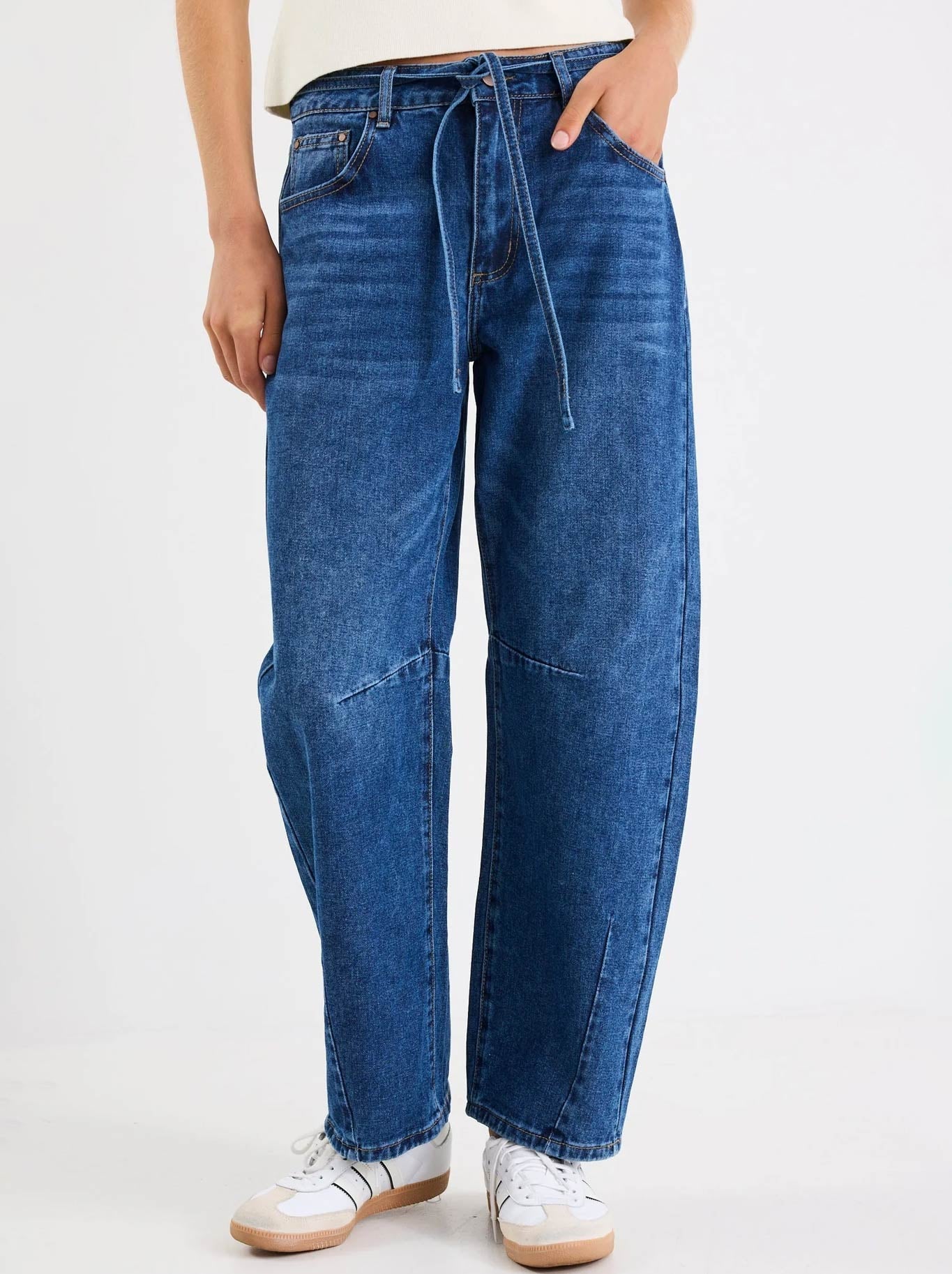 Image of Jeans. Productname: STORIES BE TOLD CAMPUS TIE WAIST BARREL JEAN in Deep Blue colour by brand - Stories Be Told