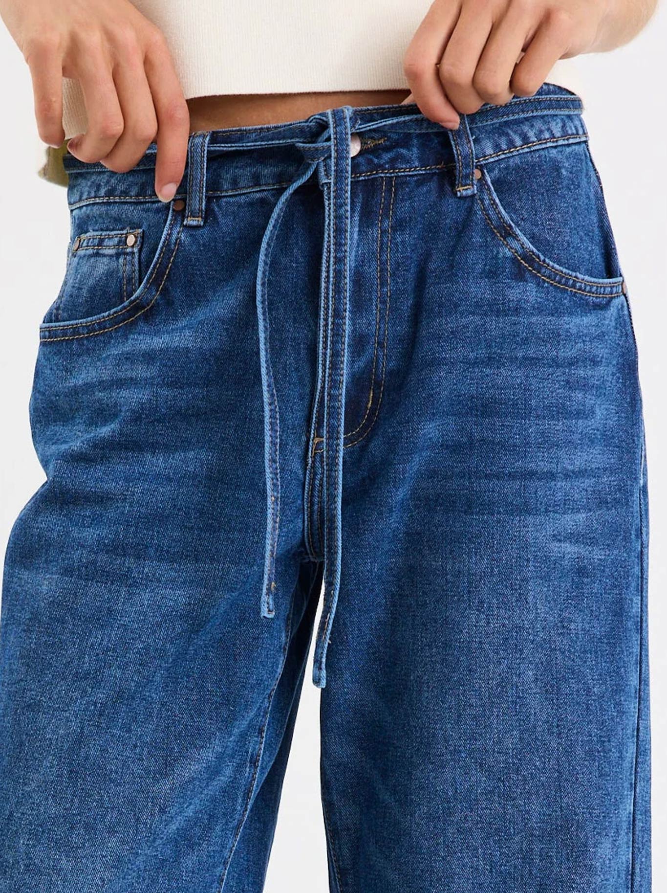 STORIES BE TOLD CAMPUS TIE WAIST BARREL JEAN (Deep Blue)