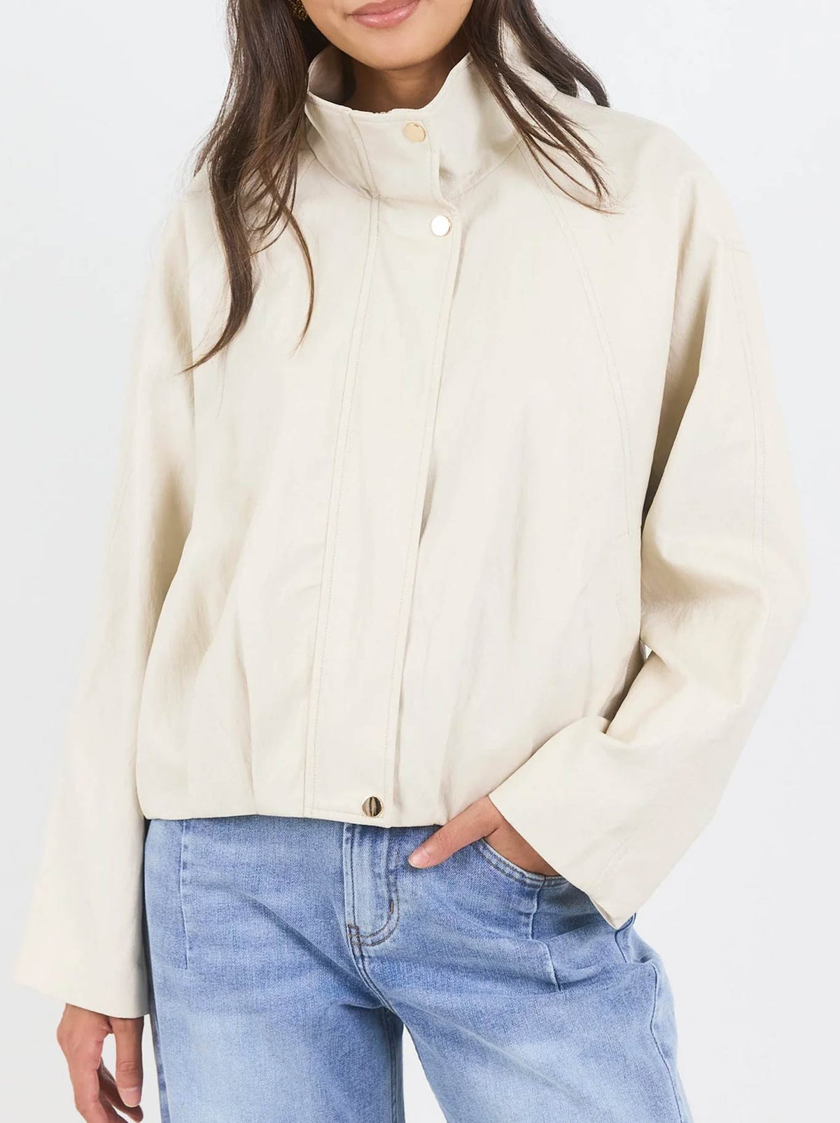 STORIES BE TOLD ENSEMBLE FAUX LEATHER ZIP BOMBER (Putty)