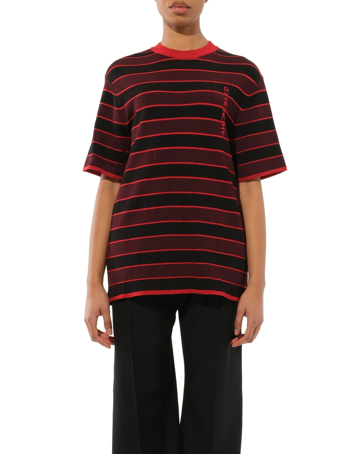Image of a model wearing Outerwear. Product name - Striped Sweater in Burgundy colour by brand - GIVENCHY
