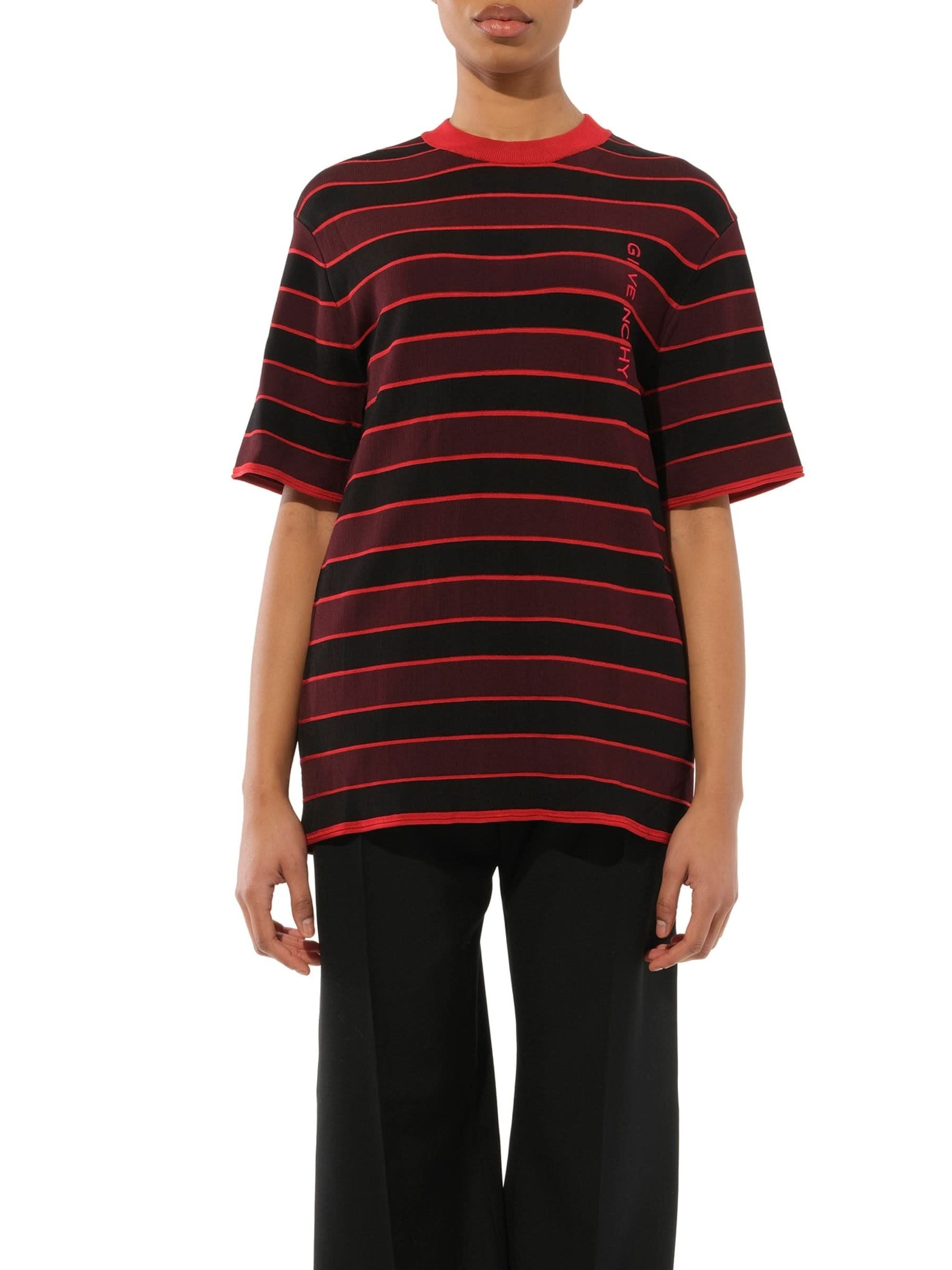 Image of a model wearing Outerwear. Product name - Striped Sweater in Burgundy colour by brand - GIVENCHY