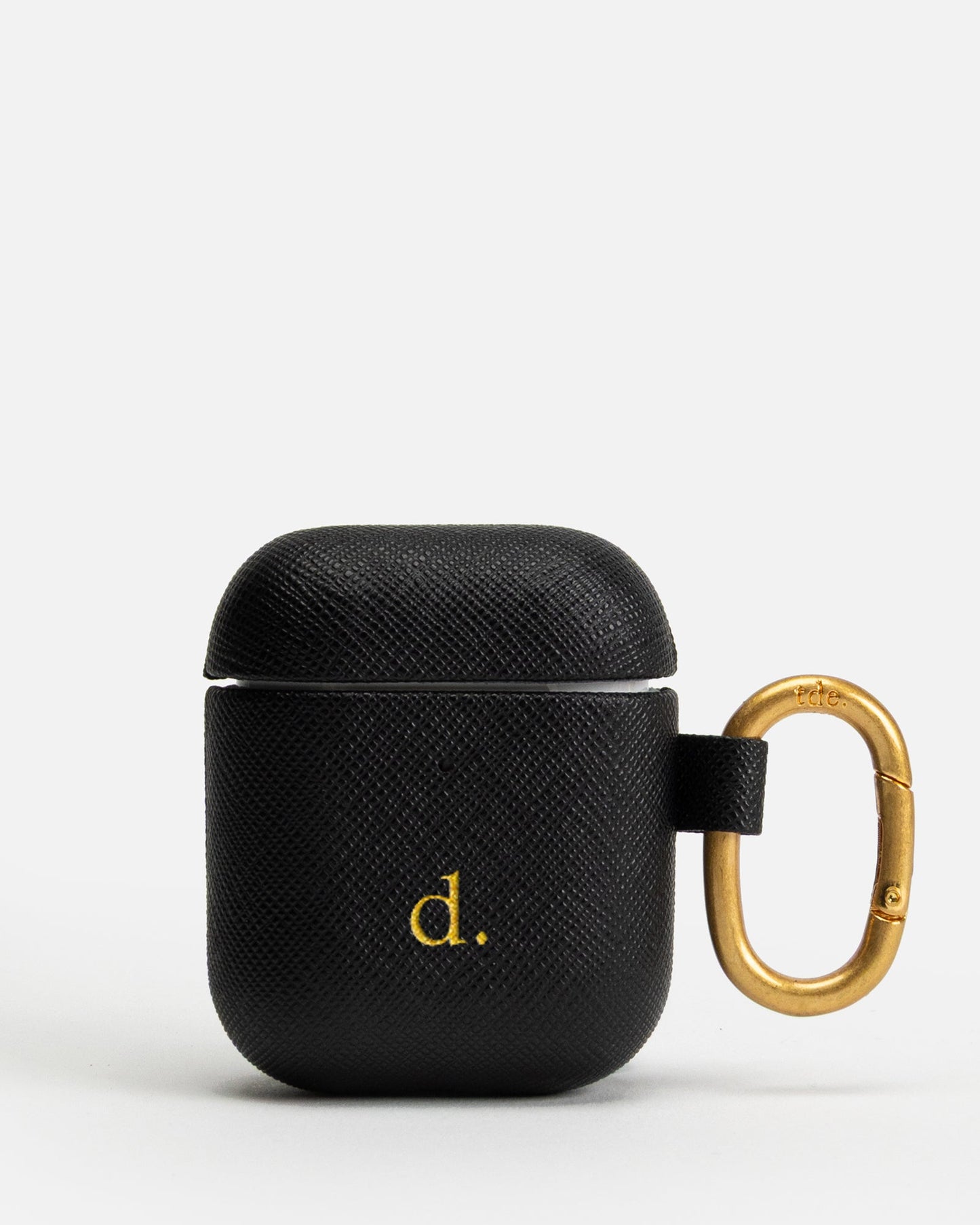 Image of Electronics Accessories. Product name - AirPods 2nd Gen Saffiano Leather Case Black in Black colour by brand - The Daily Edited