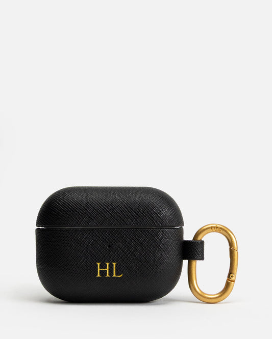 Image of Electronics Accessories. Productname: AirPods 2nd Gen Pro Saffiano Leather Case Black in Black colour by brand - The Daily Edited