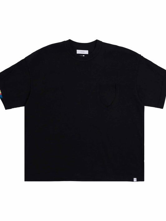 Image of a model wearing Tops. Productname: FACETASM Inside-Out Rib Big T-Shirt with Destroyed Pocket in BLACK colour by brand - FACETASM