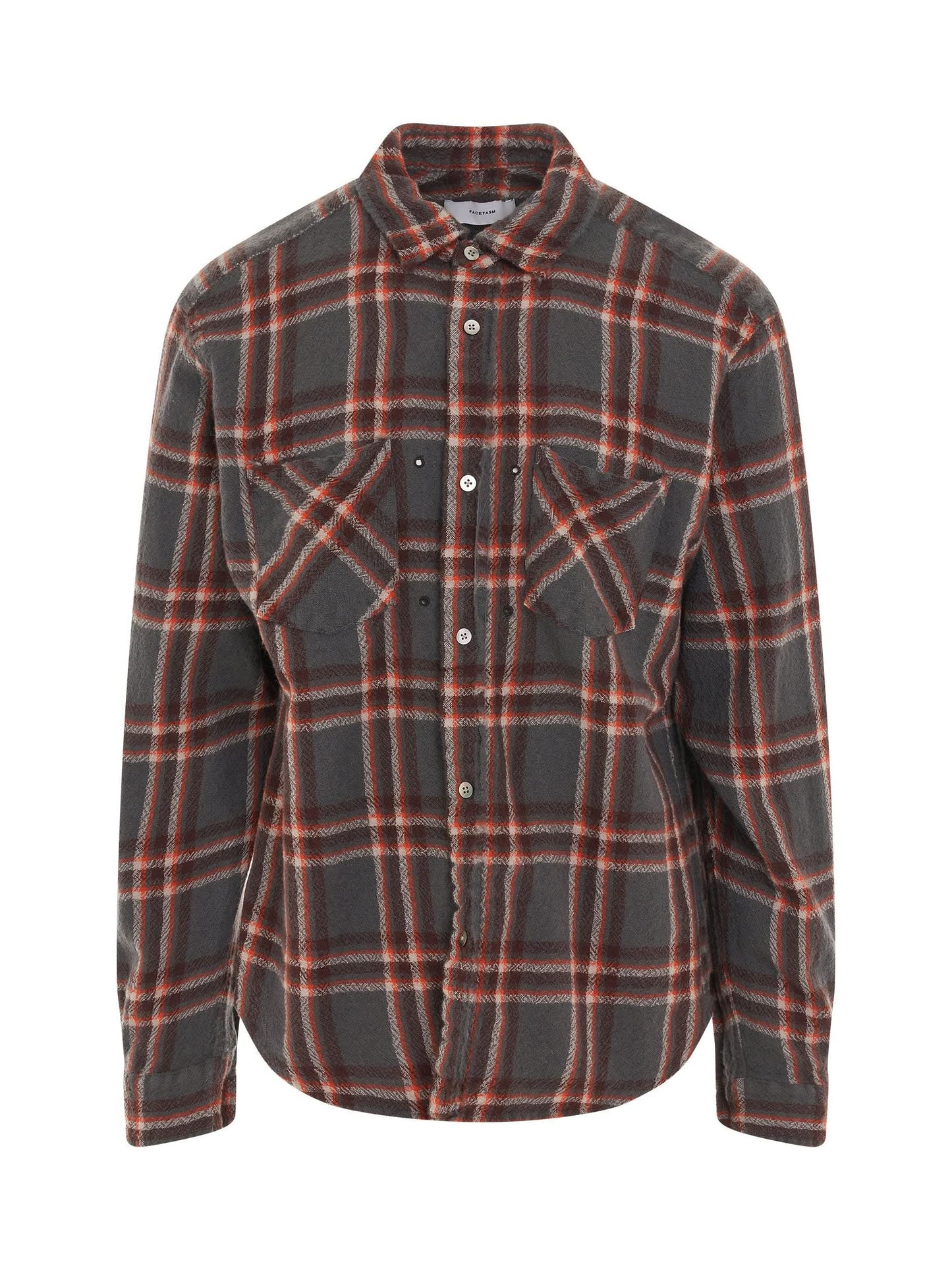Image of a model wearing Tops. Productname: FACETASM Shrunken Check Shirt in BLACK colour by brand - FACETASM