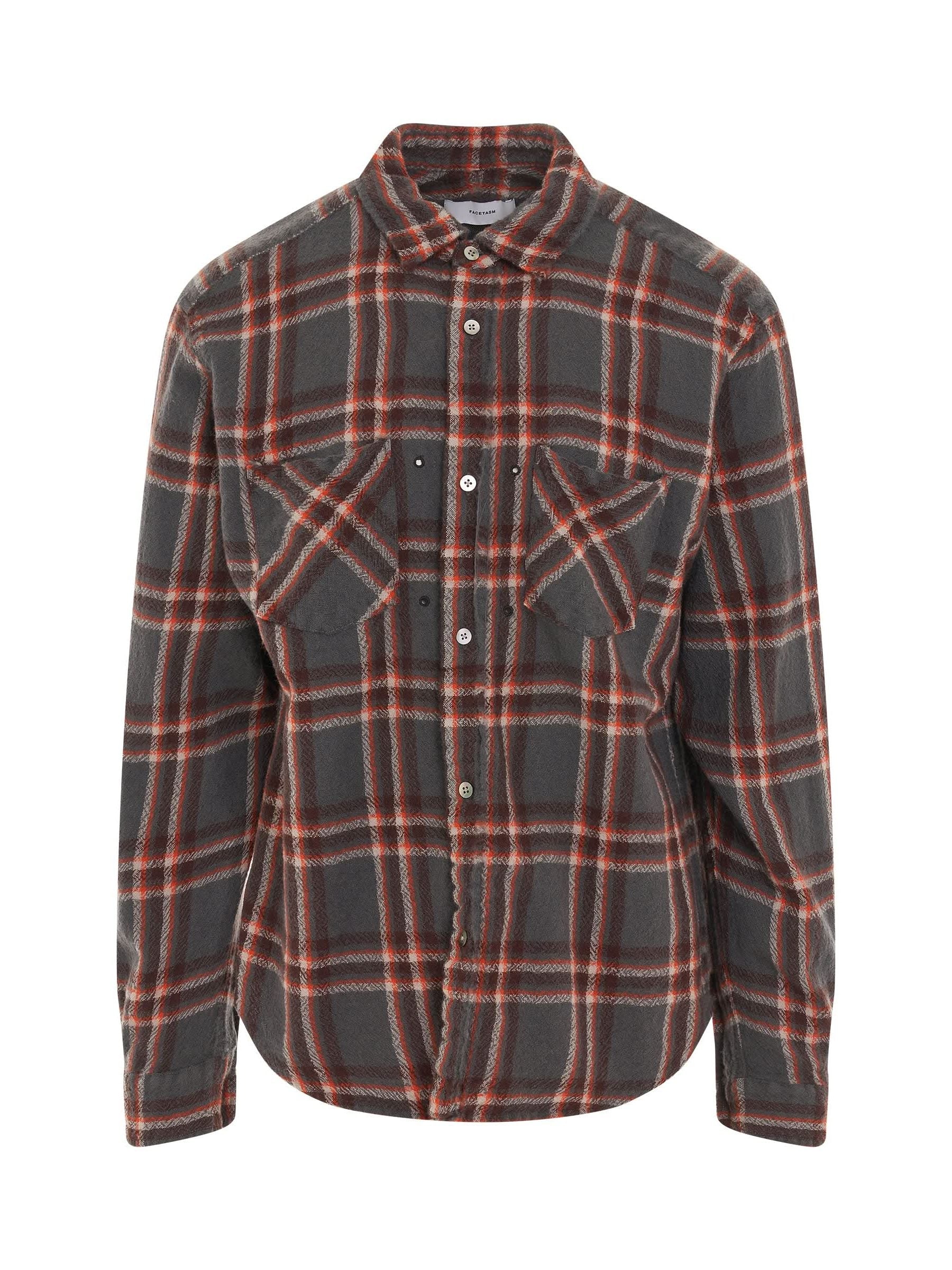 Image of a model wearing Tops. Productname: FACETASM Shrunken Check Shirt in BLACK colour by brand - FACETASM