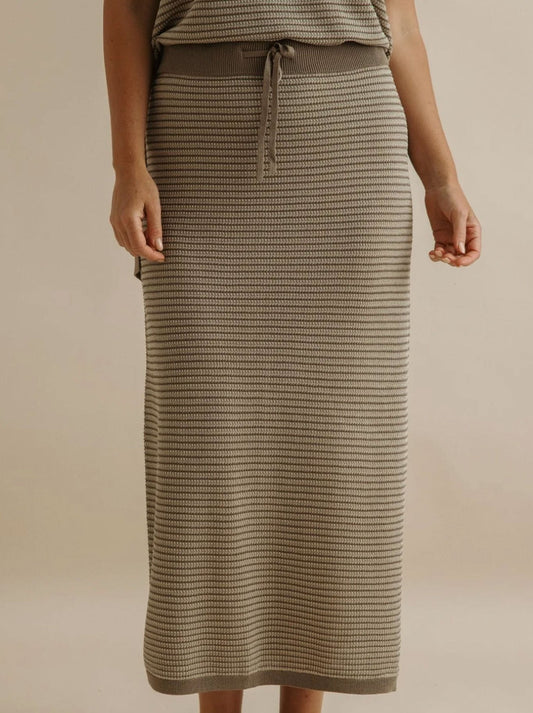 Image of a model wearing Skirts. Productname: Talamaya Lattice Knitted Skirt in Khaki Gold colour by brand - Talamaya