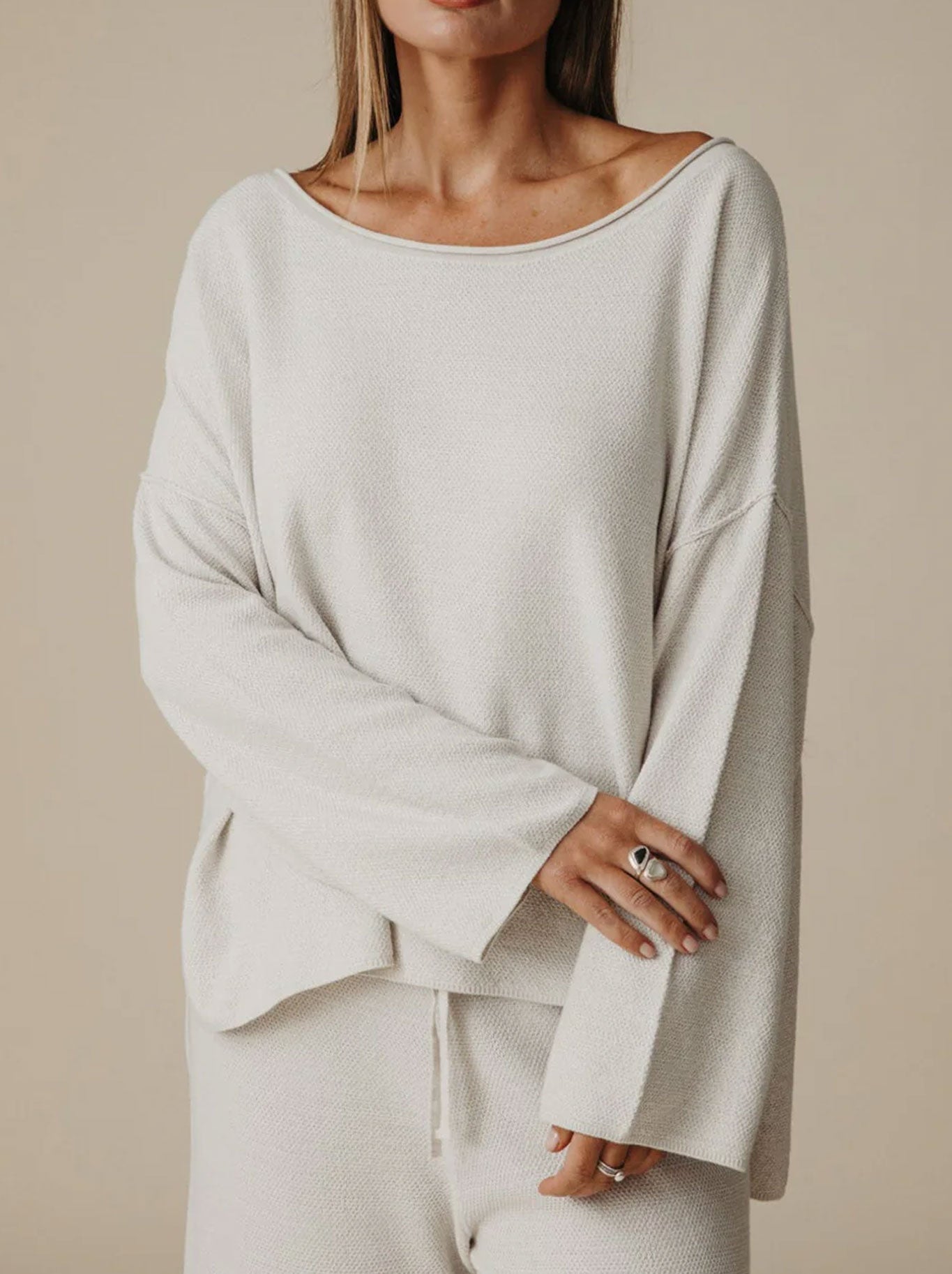 Image of a model wearing Outerwear. Productname: Talamaya Retreat Cotton Twist Pullover in Silver Salt colour by brand - Talamaya
