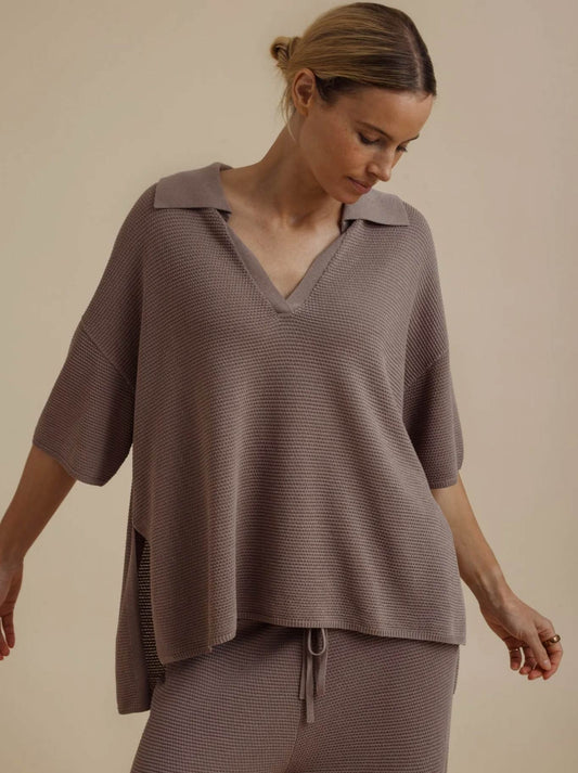 Image of a model wearing Outerwear. Product name - TALAMAYA LATTICE CRUISE PULLOVER in Husk colour by brand - Talamaya
