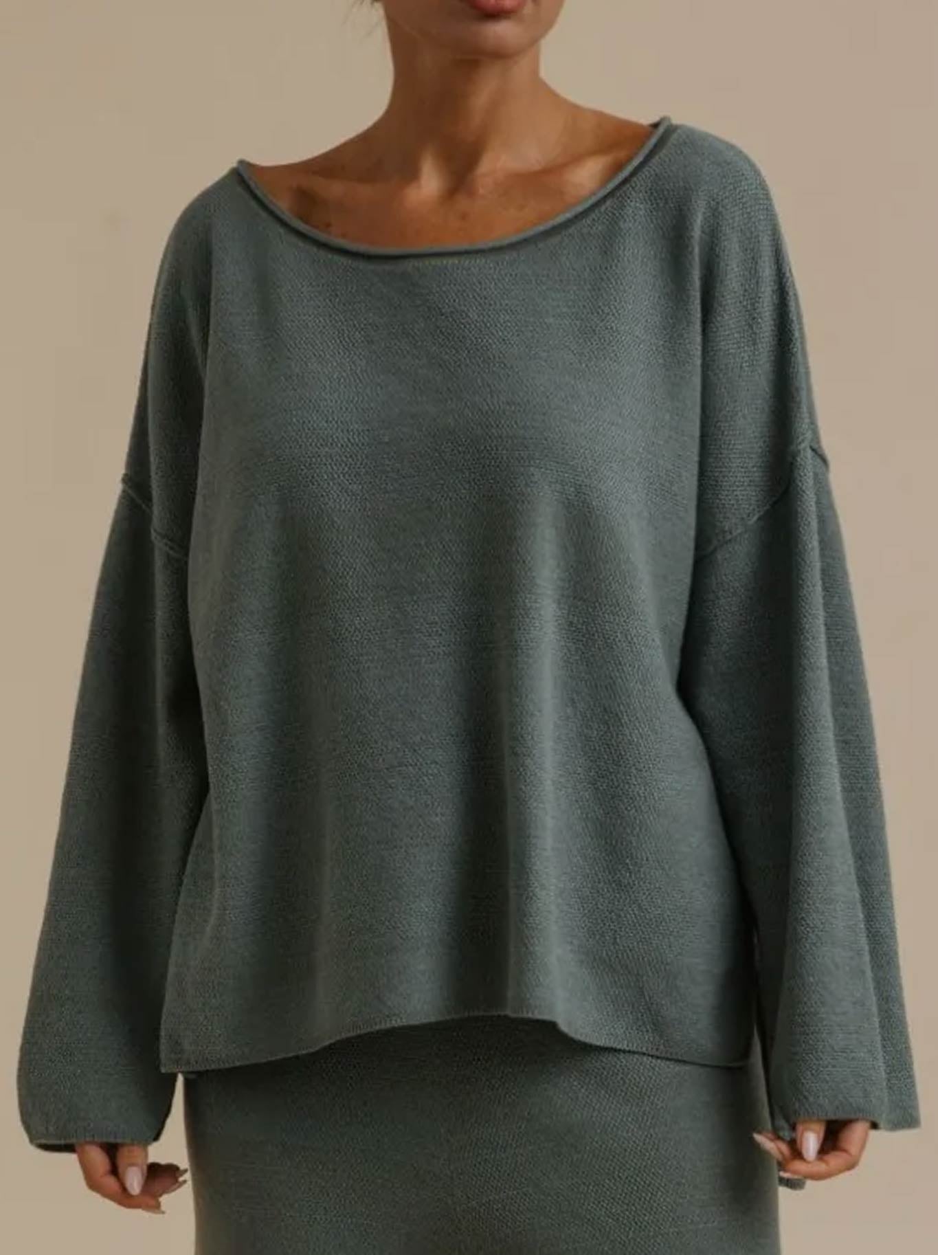 Image of a model wearing Outerwear. Product name - Talamaya Retreat Cotton Twist Pullover in Rainforest colour by brand - Talamaya