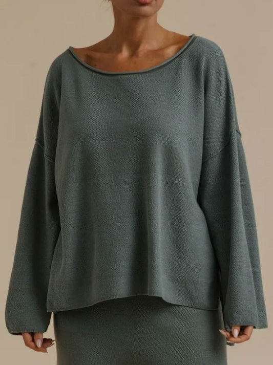 Image of a model wearing Outerwear. Product name - Talamaya Retreat Cotton Twist Pullover in Rainforest colour by brand - Talamaya