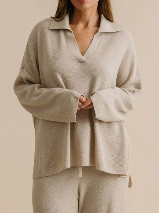 Image of a model wearing Outerwear. Productname: Talamaya Winter Retreat Collar Pullover in Wheat colour by brand - Talamaya