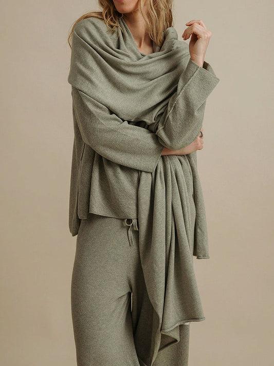 Image of a model wearing Tops. Productname: Talamaya Winter Retreat Merino Cotton Wrap in Grey colour by brand - Talamaya