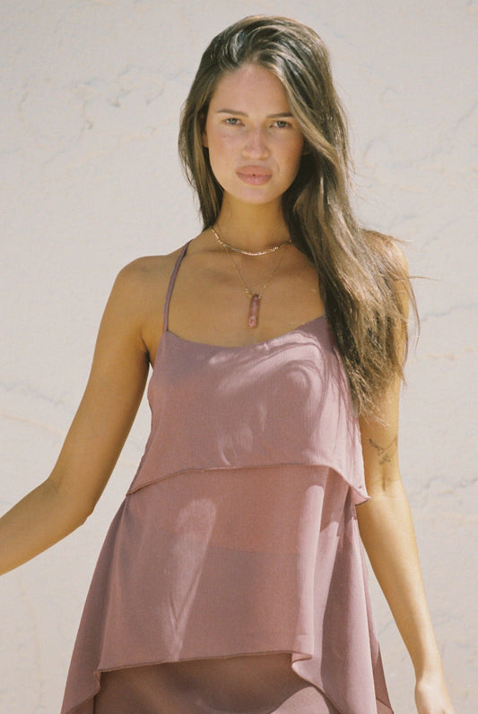 Image of a model wearing Tops. Productname: SNDYS TAMARA CAMI TOP in Mocha colour by brand - SNDYS