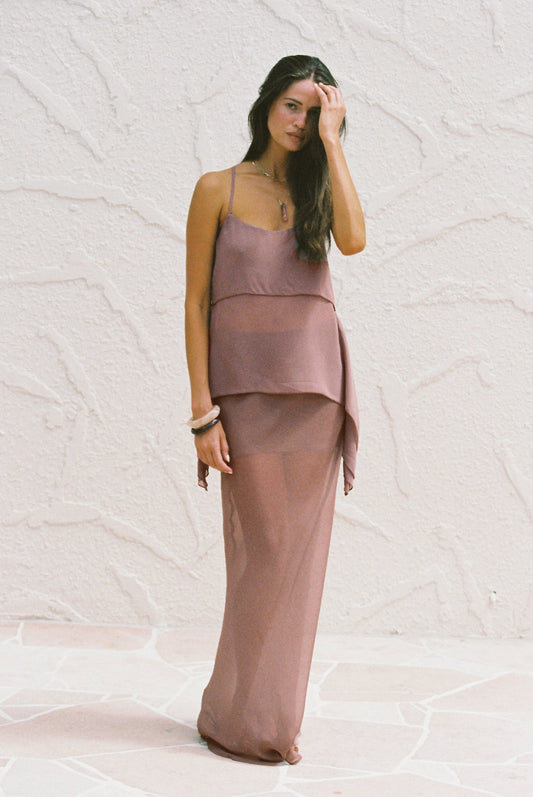 Image of a model wearing Skirts. Productname: SNDYS TAMARA MAXI SKIRT in Mocha colour by brand - SNDYS