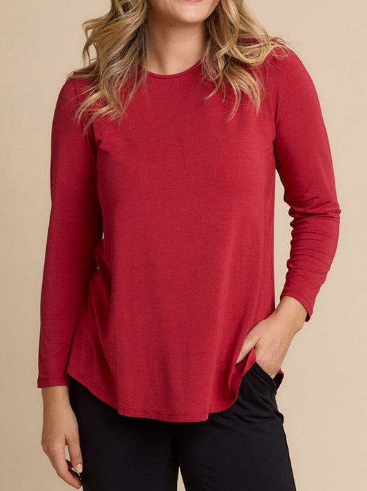 Image of a model wearing Tops. Productname: TANI MARLE CARA LONG SLEEVE TOP in Red Berry colour by brand - Tani