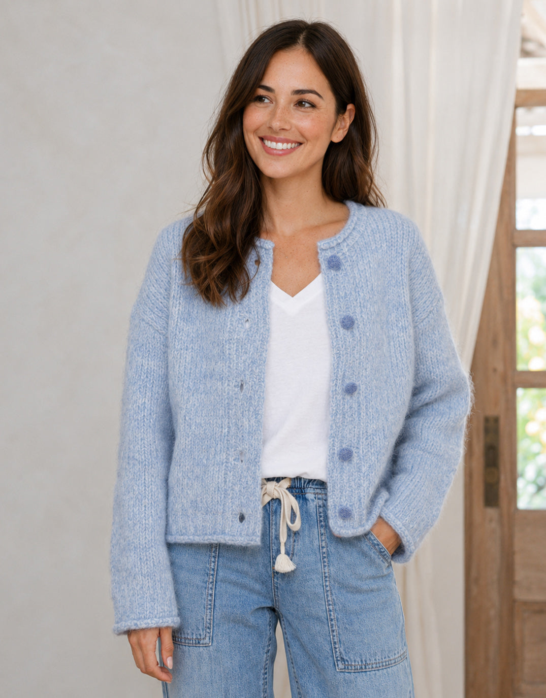 Image of a model wearing Outerwear. Product name - Taylor Wool Blend Cardi Blue/White in Blue/White colour by brand - 132 Fashion