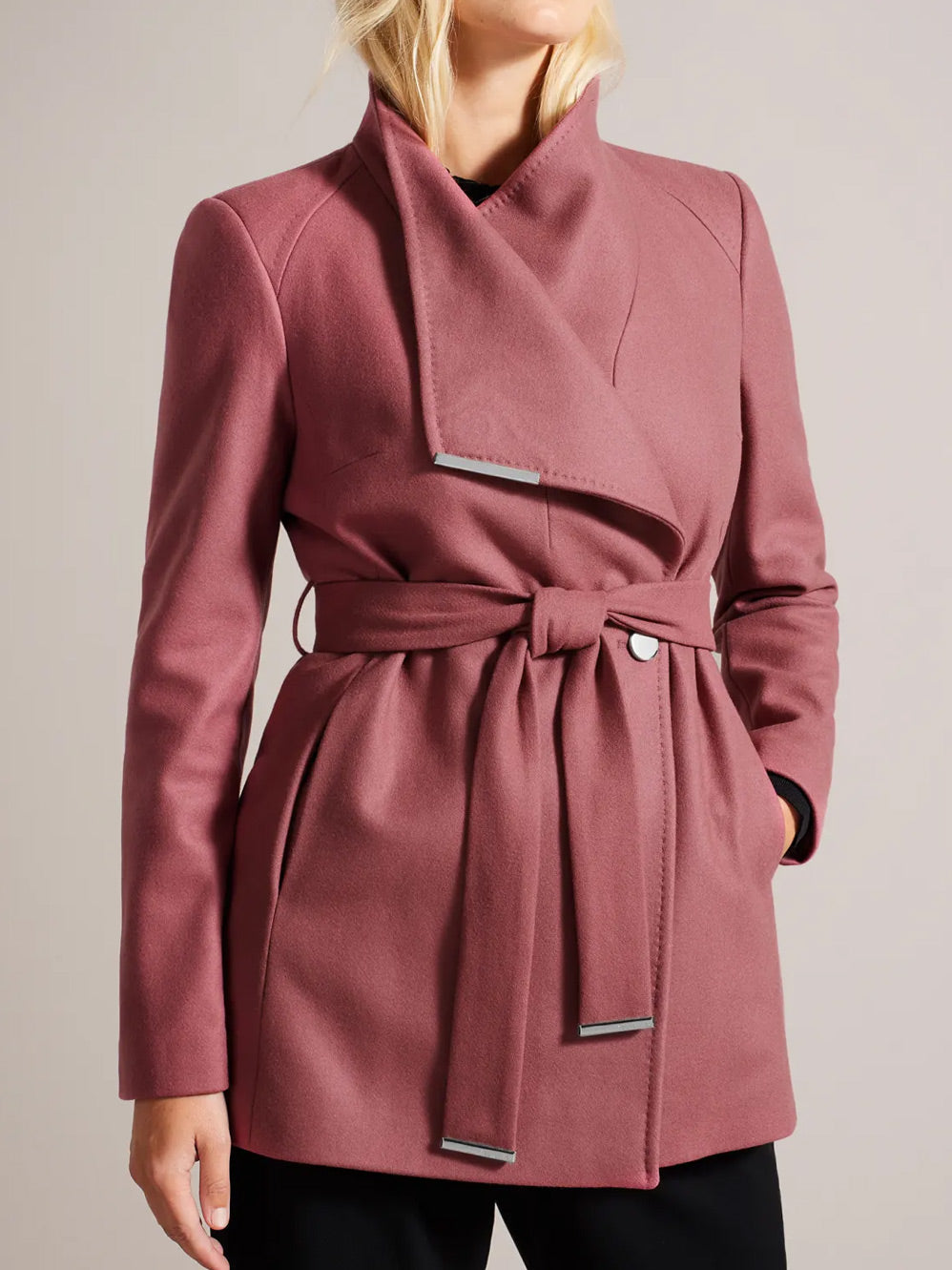 Image of a model wearing Shorts. Productname: TED BAKER ROSESS SHORT COAT in Dusk Pink colour by brand - Ted Baker