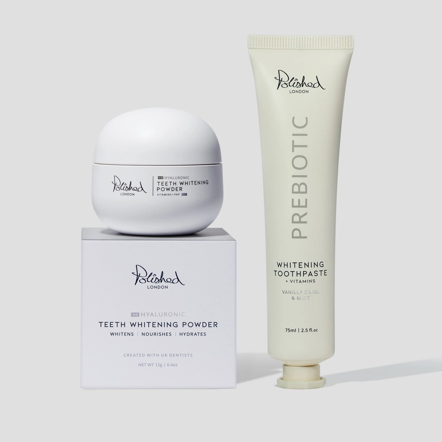 Image of Teeth Whiteners. Product name - Teeth Whitening Powder & Prebiotic Toothpaste Vanilla Bundle in colour by brand - Polished London
