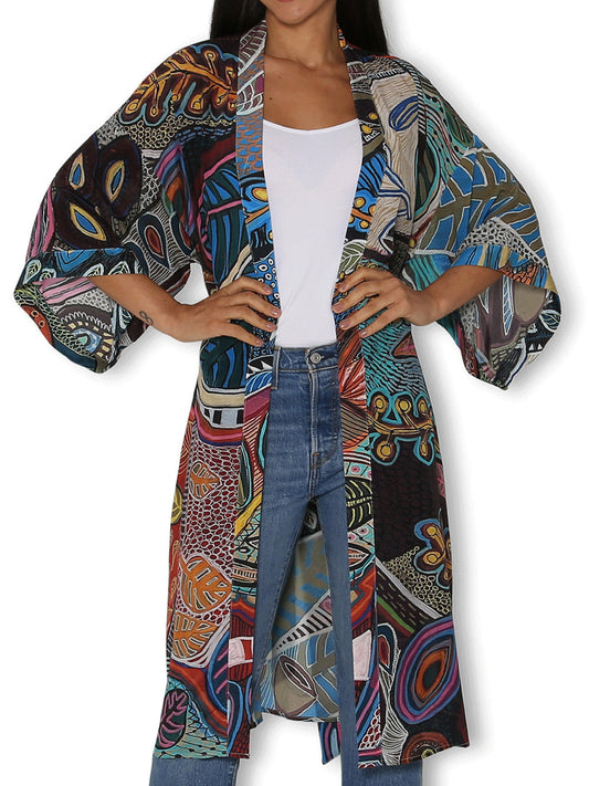 Image of Coats & Jackets. Productname: The Artists Label Abundance Of The Bush Long Silk Kimono in Multi colour by brand - The Artist Label