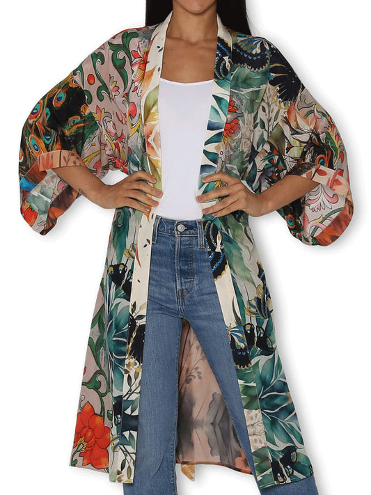 Image of Coats & Jackets. Productname: The Artists Label Splendour Of A Peacock Garden Long Silk Kimono in Multi colour by brand - The Artist Label