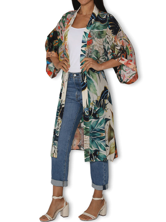 The Artists Label Splendour Of A Peacock Garden Long Silk Kimono (Multi)