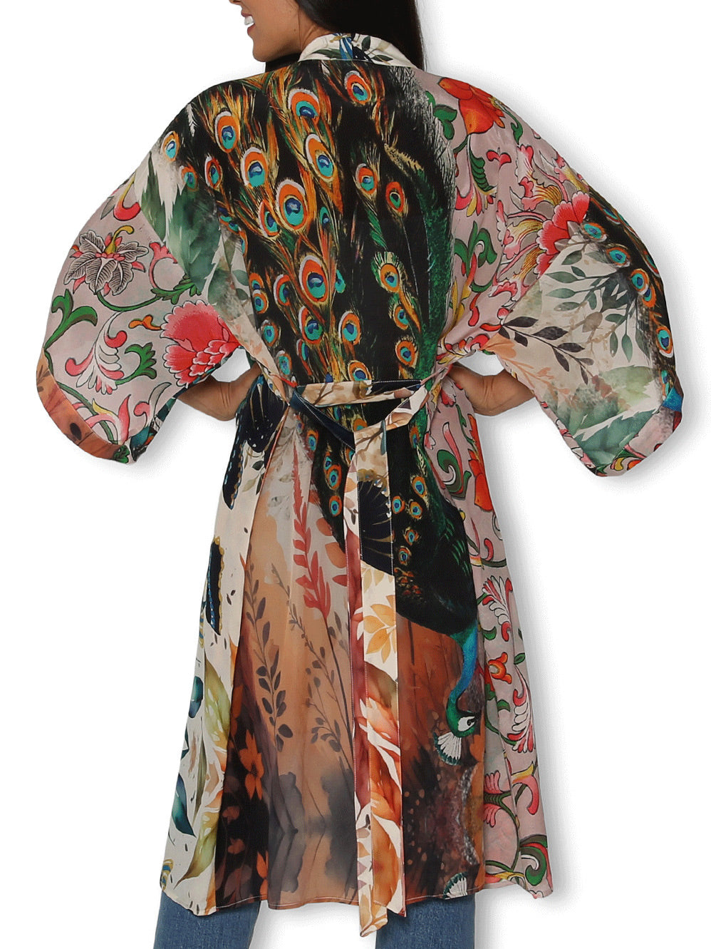 The Artists Label Splendour Of A Peacock Garden Long Silk Kimono (Multi)