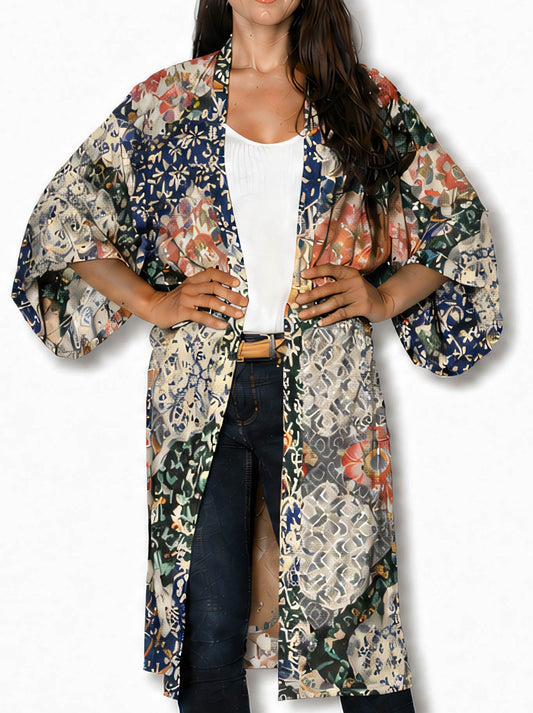 Image of a model wearing Tops. Product name - The Artists Label Oriental Patchwork Long Silk Kimono in Print colour by brand - The Artist Label