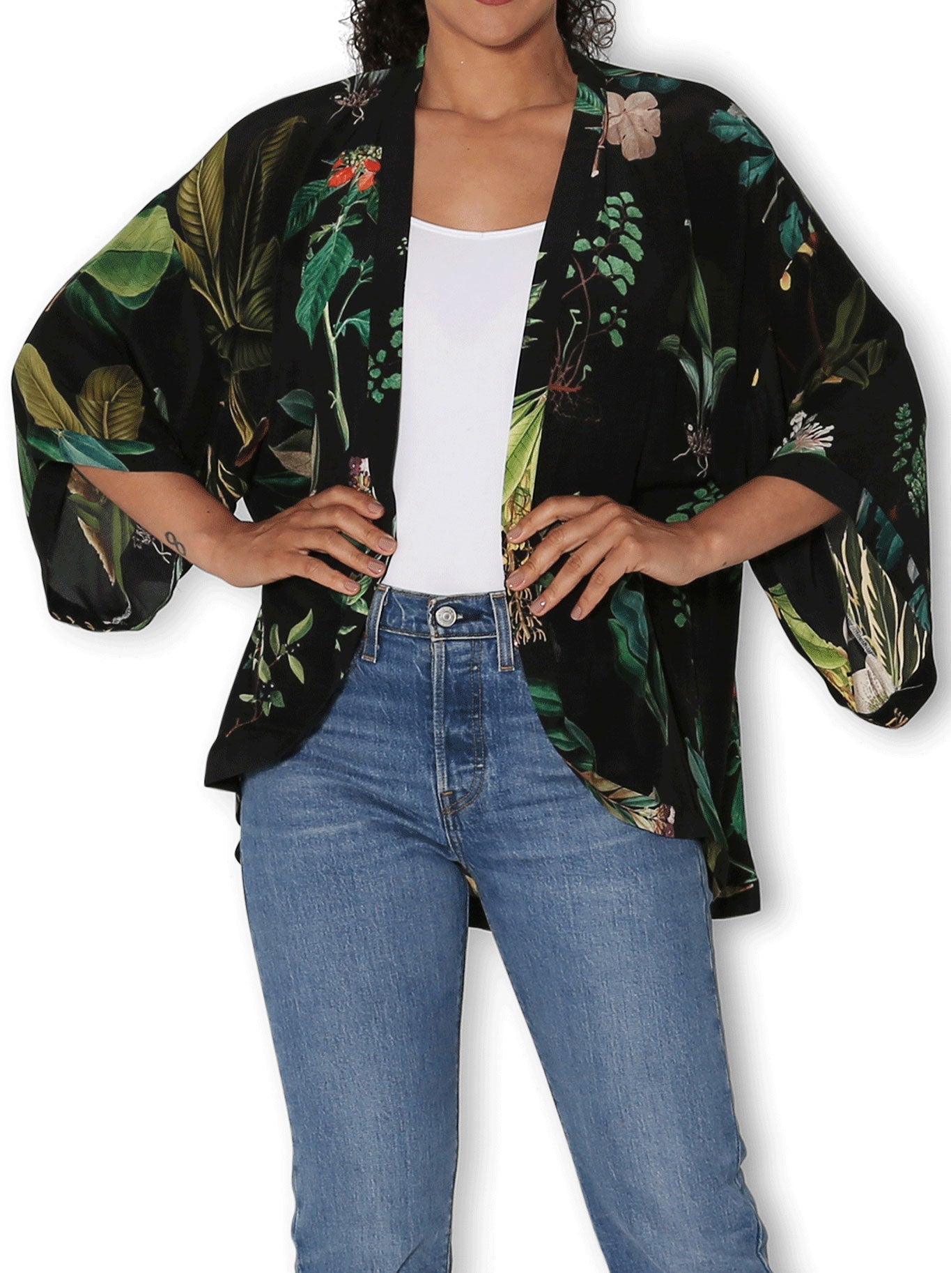 Image of a model wearing Tops. Product name - The Artists Label Ancient Botany Silk Kimono in Print colour by brand - The Artist Label