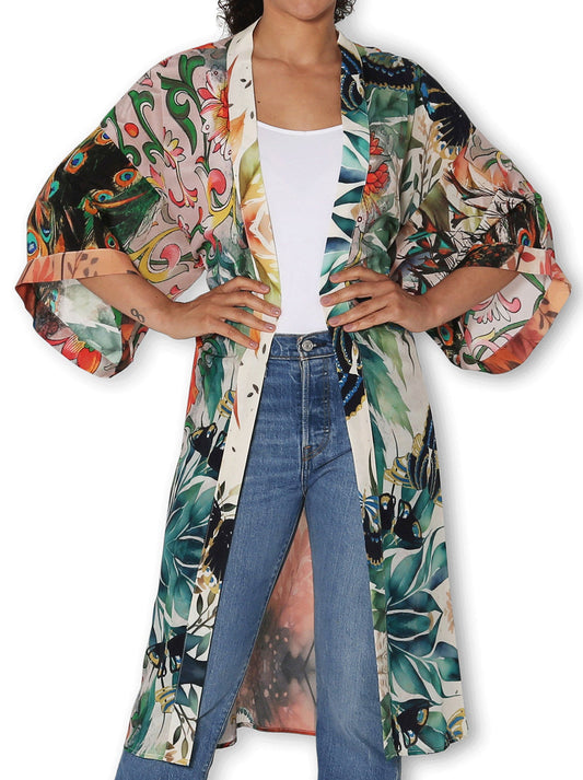 Image of Accessories. Product name - The Artists Label Splendour Of The Peacock Silk Long Kimono in Print colour by brand - The Artist Label