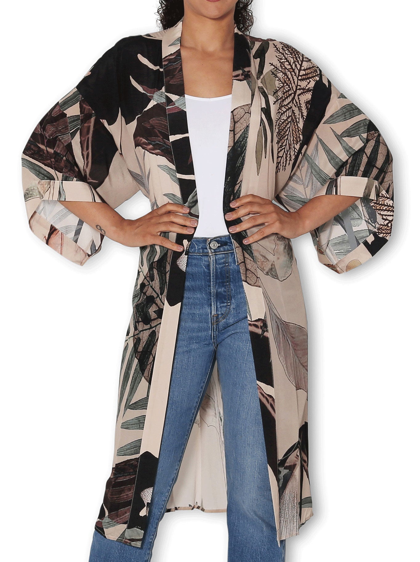 Image of a model wearing Tops. Productname: The Artists Label Radio Garden Silk Long Kimono in Print colour by brand - The Artist Label