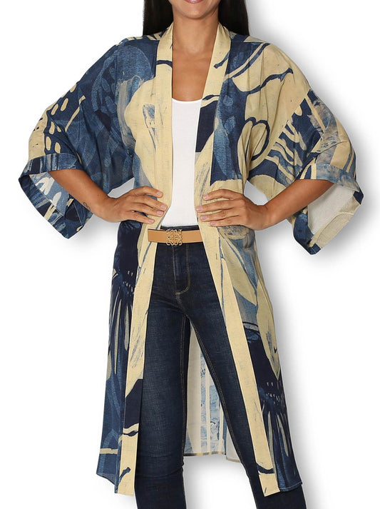 Image of a model wearing Tops. Product name - The Artists Label An Evening In Portugal Long Silk Kimono in Print colour by brand - The Artist Label