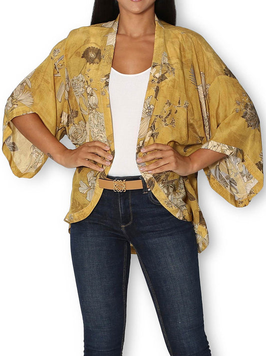 Image of a model wearing Tops. Product name - The Artists Label Oriente Foulard Silk Kimono in Print colour by brand - The Artist Label