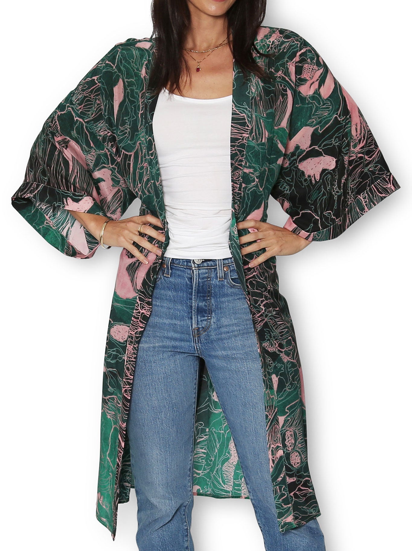 Image of a model wearing Tops. Product name - THE ARTISTS LABEL TWILIGHT FOREST LONG SILK KIMONO in Print colour by brand - The Artist Label