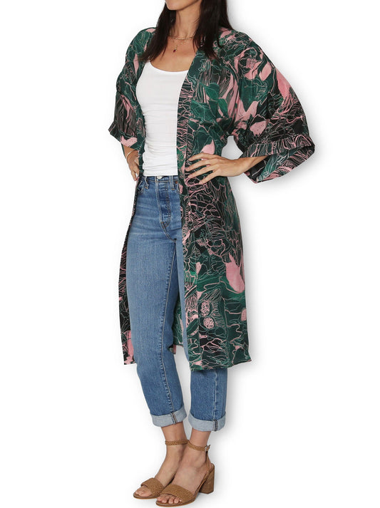 THE ARTISTS LABEL TWILIGHT FOREST LONG SILK KIMONO (Print)