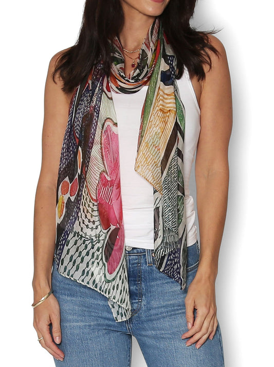 Image of Scarves & Shawls. Product name - THE ARTISTS LABEL SUNSHINE AND NATIVES SILK SCARF in Print colour by brand - The Artist Label