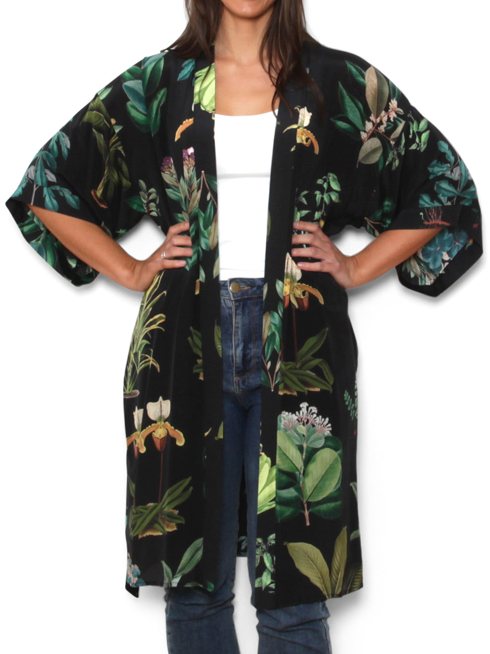 Image of a model wearing Tops. Productname: The Artist Label Ancient Botany Silk Long Kimono in Print colour by brand - The Artist Label