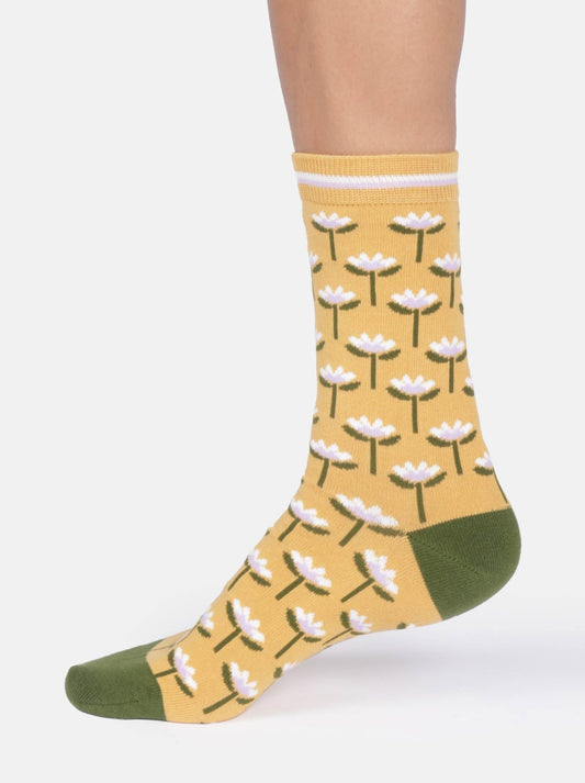 Image of Socks. Productname: Thought Floral Tile Organic Cotton Crew Socks in Bee Hive colour by brand - Thought