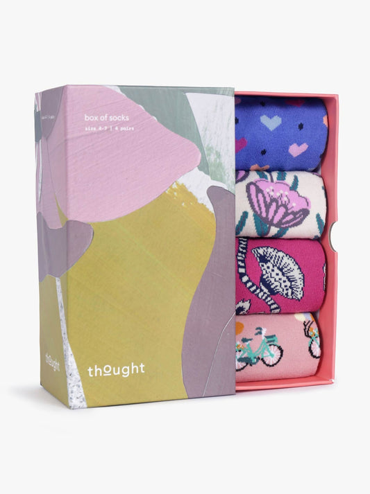 Image of Socks. Productname: Thought 4 Pack Happy Things Box Of Organic Cotton Socks in Multi colour by brand - Thought