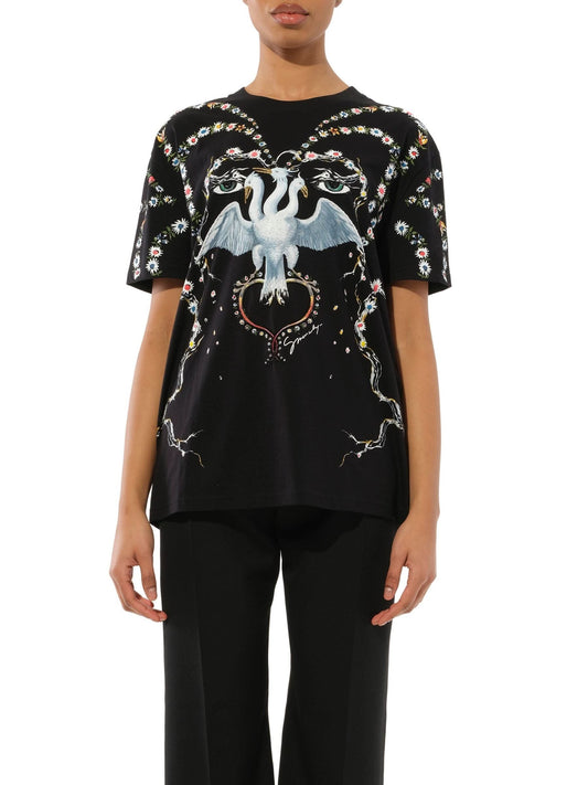 Image of a model wearing Tops. Productname: GIVENCHY Three Bird Embroidered T-Shirt in Black colour by brand - GIVENCHY