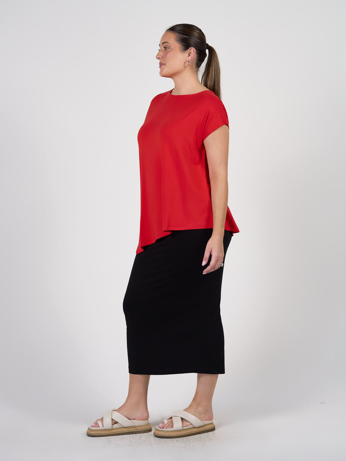 Lou Lou Toni Asymmetrical Bamboo T-Shirt (Fiery Red)